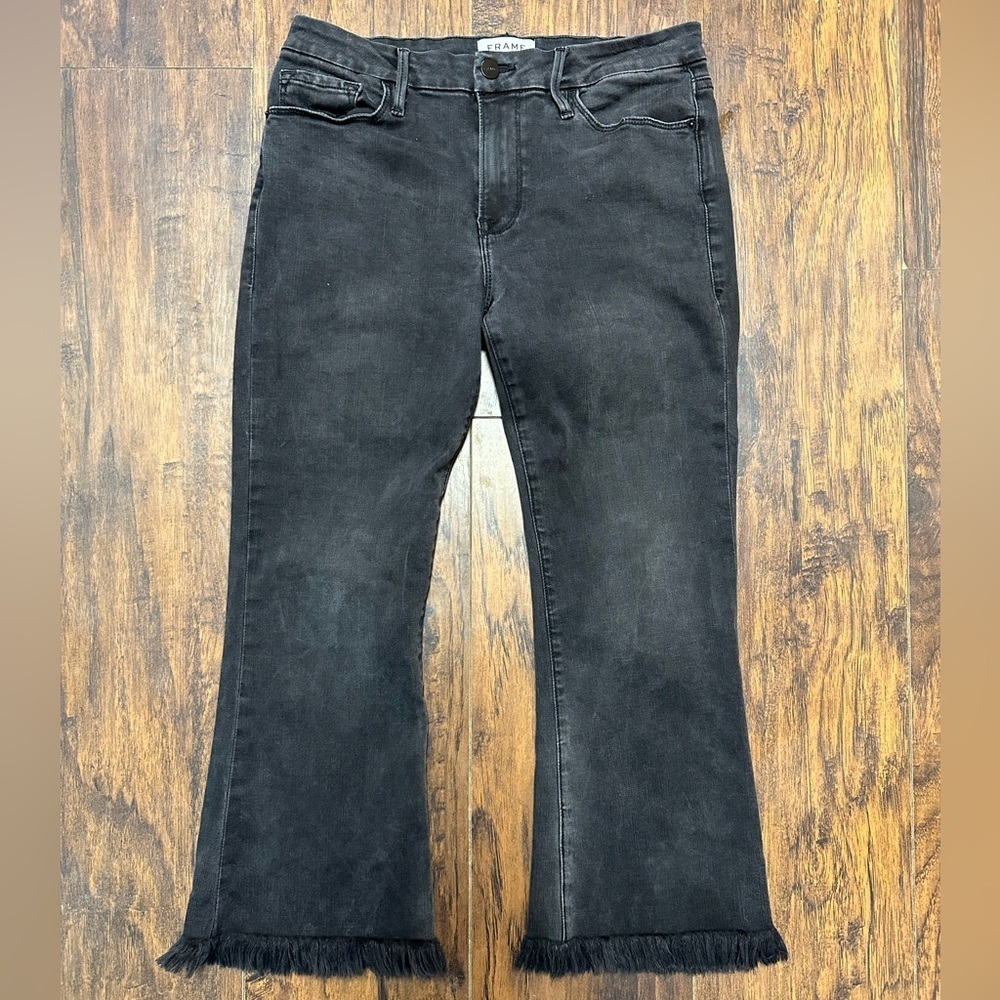 FRAME Le Crop Mini Boot Jeans Women’s 29 Black Raw Hem Cropped Stretch Denim